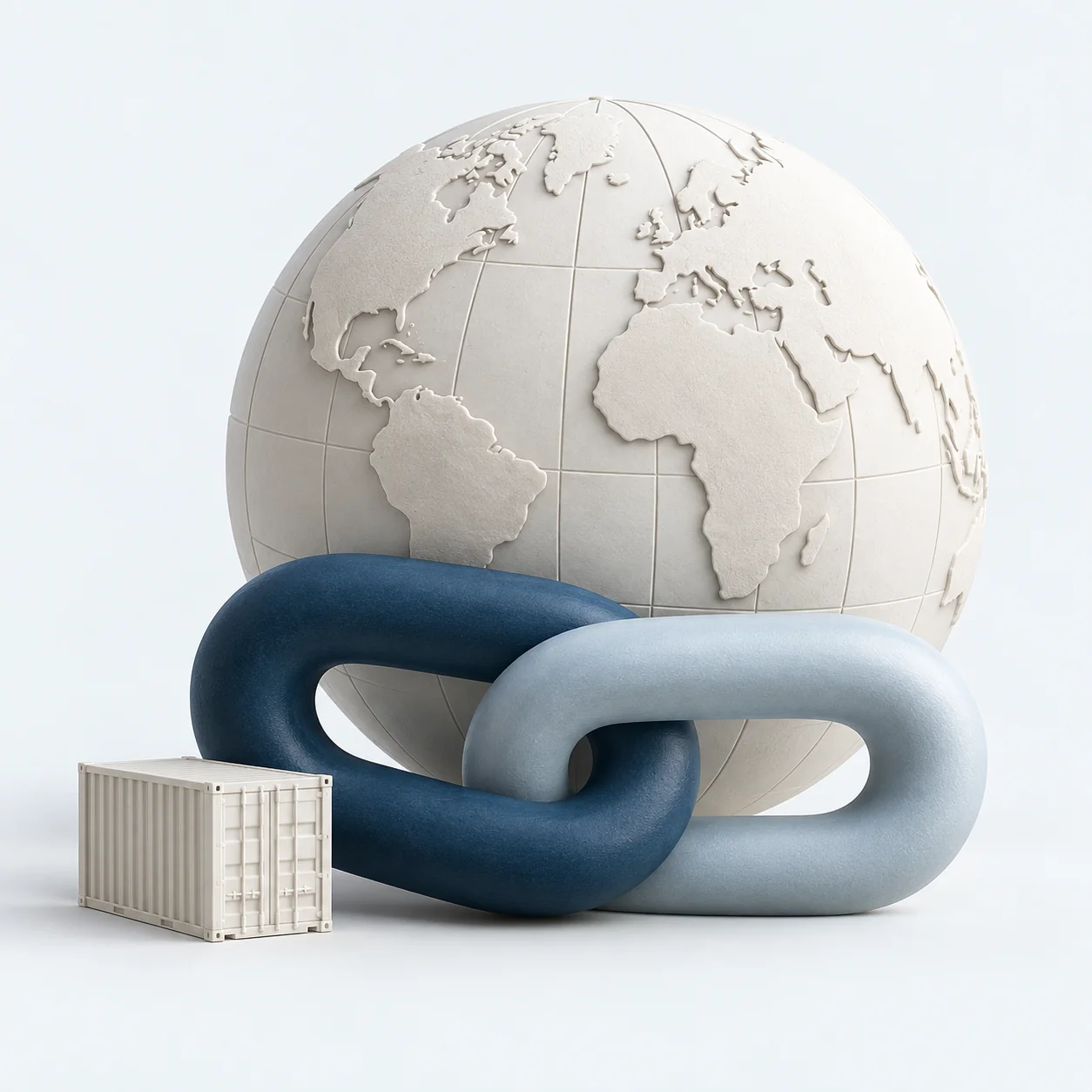 Escultura de un globo y dos eslabones que representan la conexión entre mercados