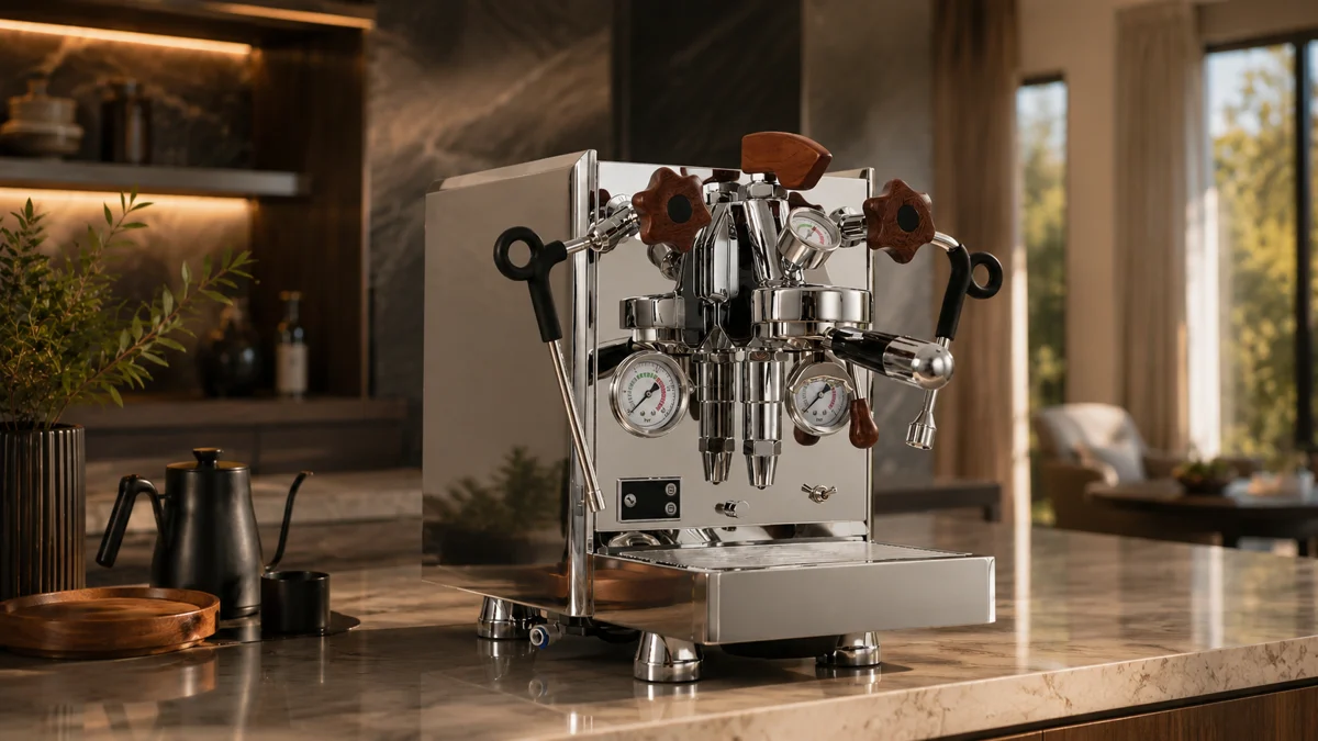 Cafetera de espresso Massimo Classica, con acabado de acero y detalles en madera